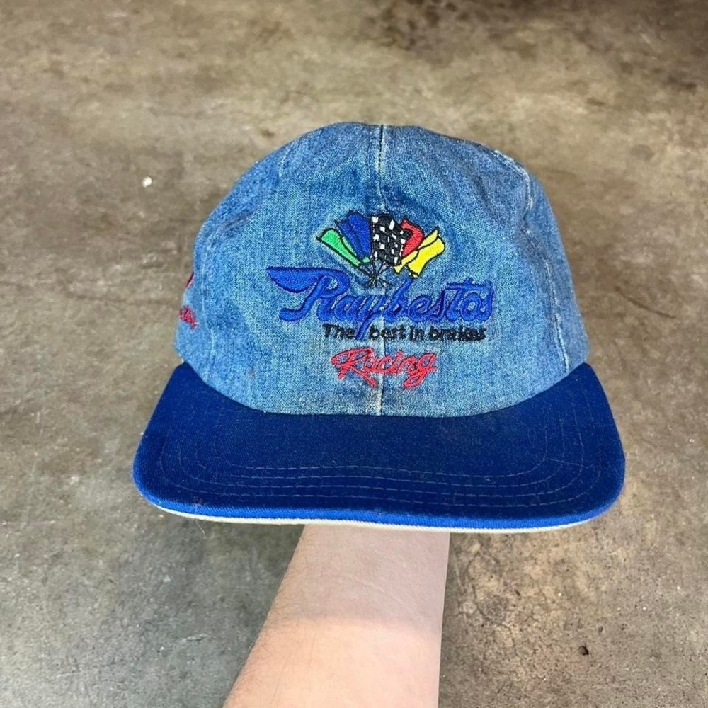 Vintage NASCAR Jeff Burton 8 Raybestos Racing Denim Hat AJD Made in USA Blue Cap